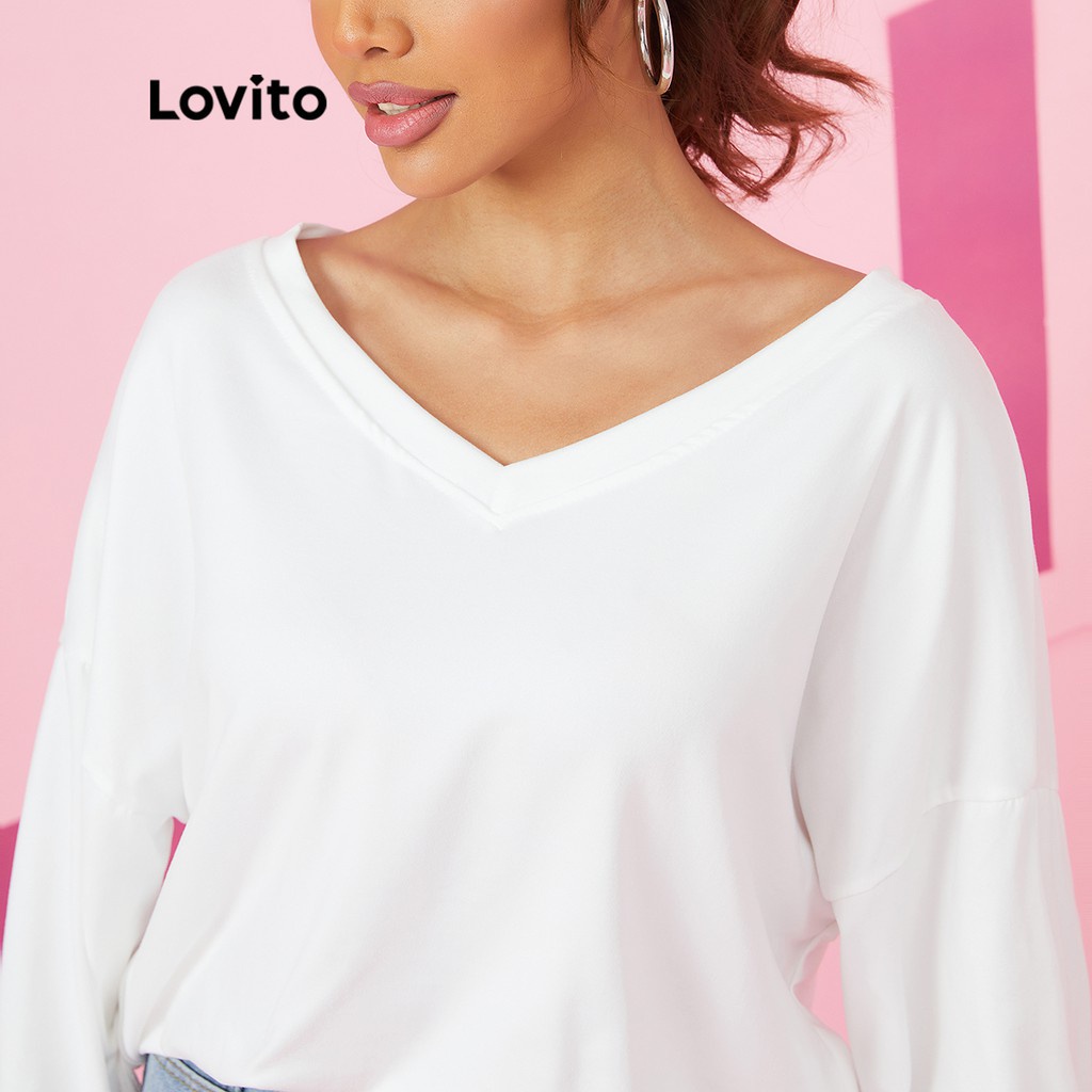 Áo thun Lovito cổ chữ V màu trơn phong cách cơ bản thường ngày L16X118 (Trắng)