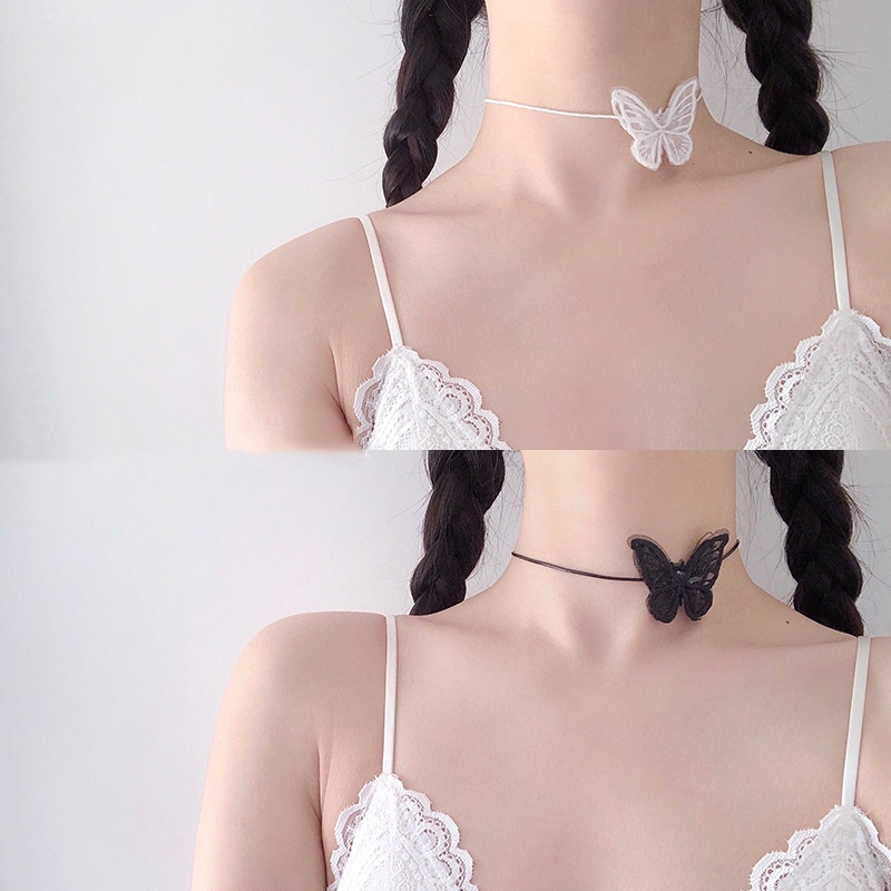 Vòng Cổ Choker Ren Hình Bướm Màu Trắng / Đen Phong Cách Hàn Quốc Quyến Rũ Cho Nữ