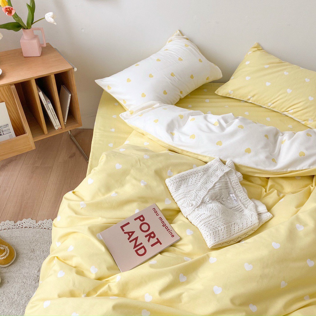 Bộ chăn ga gối cotton poly 2 mặt Lidaco decor phòng ngủ vintage - Tim vàng trắng (SP001453)