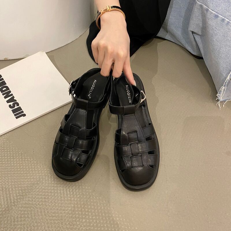 Giày Sandal Đế Dày Hở Ngón Màu Đen Phong Cách Retro Pháp Thời Trang Mùa Hè Cho Nữ