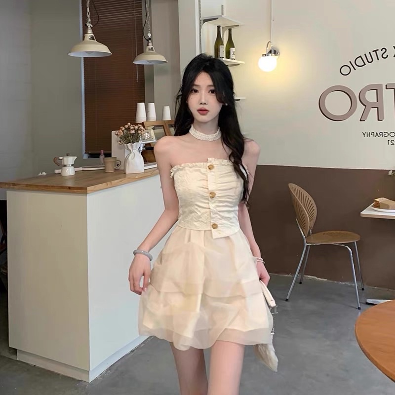 Có Sẵn🖤Đầm cúp ngực chân voan xoè bồng bềnh cúc gỗ vintage/ Váy ullzang tiểu thư dễ thương new 2022