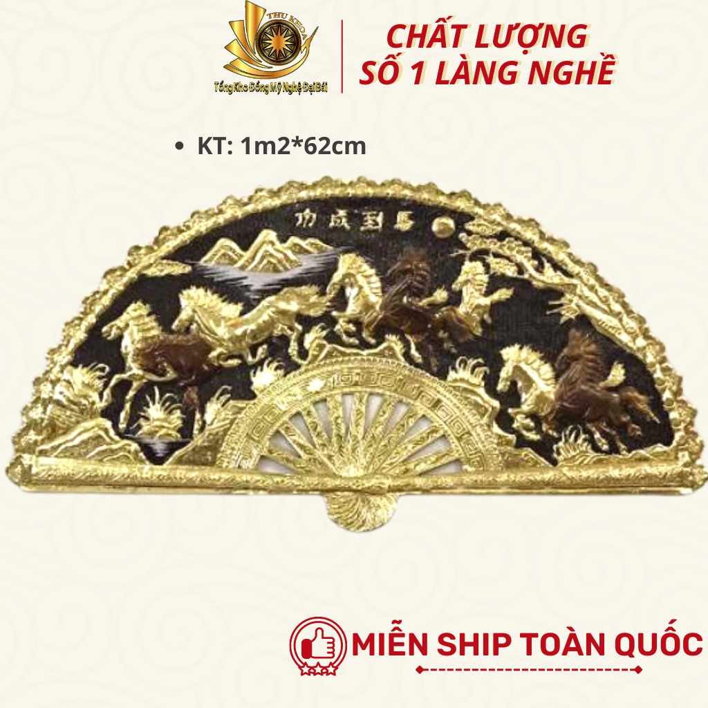 Tranh Quạt Long Phụng Chầu Phúc Bằng Đồng Mạ Vàng 24K 1m2 Quà Tặng Độc Đáo Treo Tường Trang Trí Đồ Đồng Đại Bái