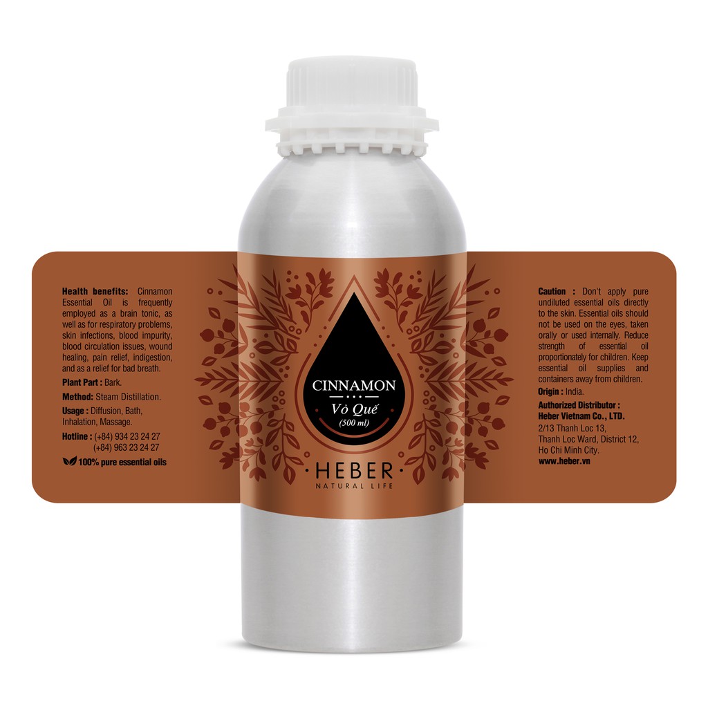 (Chai Lớn 500ml/1000ml)Tinh Dầu Vỏ Quế Cinnamon Heber Natural Life, Cao Cấp Nhập Khẩu, Thiên Nhiên Nguyên Chất