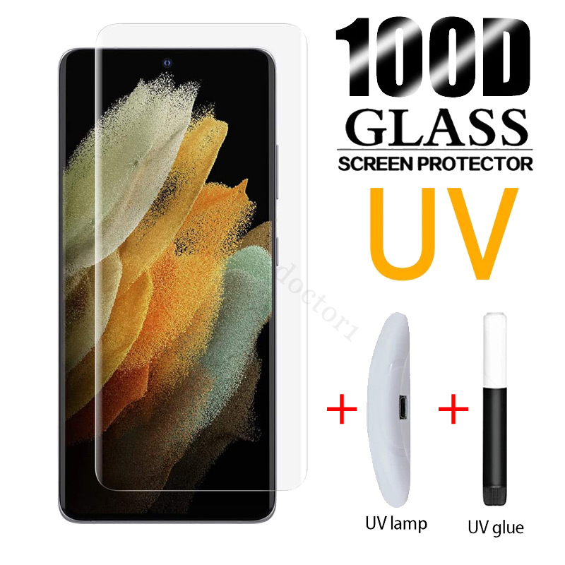 Kính Cường Lực Keo UV Cho Samsung ss Galaxy S21 Note 20 Ultra S20 S10 S9 S8 10 9 8 Plus 5G