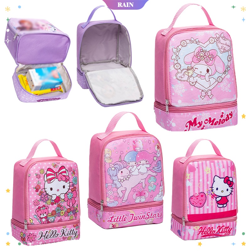 Túi Đựng Hộp Cơm Trưa Hai Lớp Di Động 25Cm In Họa Tiết Hoạt Hình My Melody Hello Kitty Pikachu Hai Sao Có Khóa Kéo