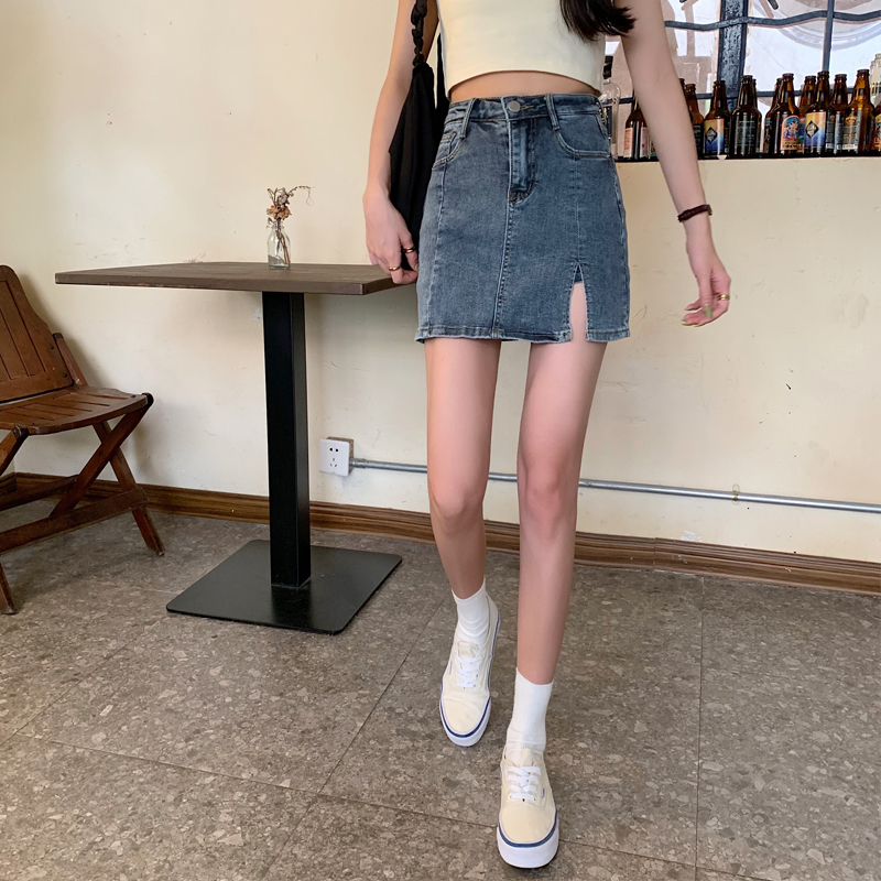 SUXI Chân váy jean dáng chữ A thiết kế lưng cao phong cách Hàn Quốc cho nữ