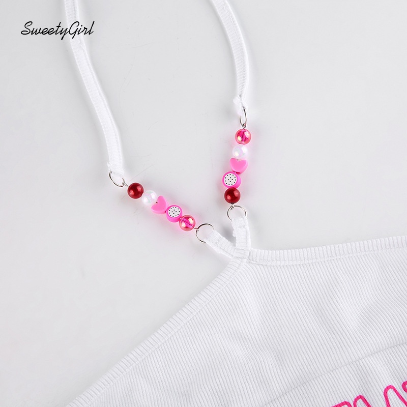 Áo Hai Dây Đính Hạt In Chữ Hoạt Hình Hở Vai Thời Trang Cho Nữ