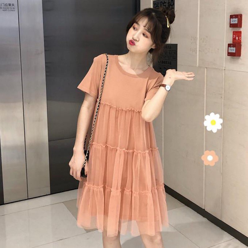 Đầm tay ngắn cổ tròn phối lưới thanh lịch