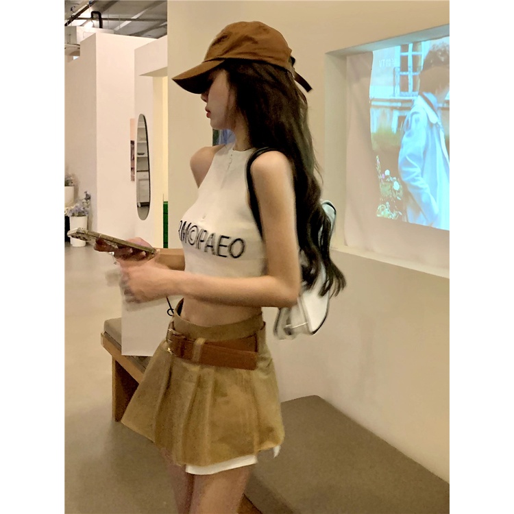 Áo dệt kim ZHELIHANGFEI sát nách hở eo phối khóa kéo thời trang cá tính cho nữ