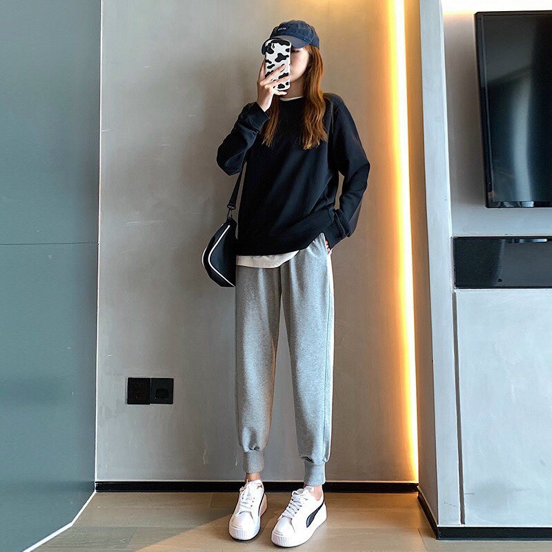 Quần jogger ống rộng có bo simple ulzzang thời trang unisex lưng thun có bo gấu vải cotton thoáng mát dễ mặc