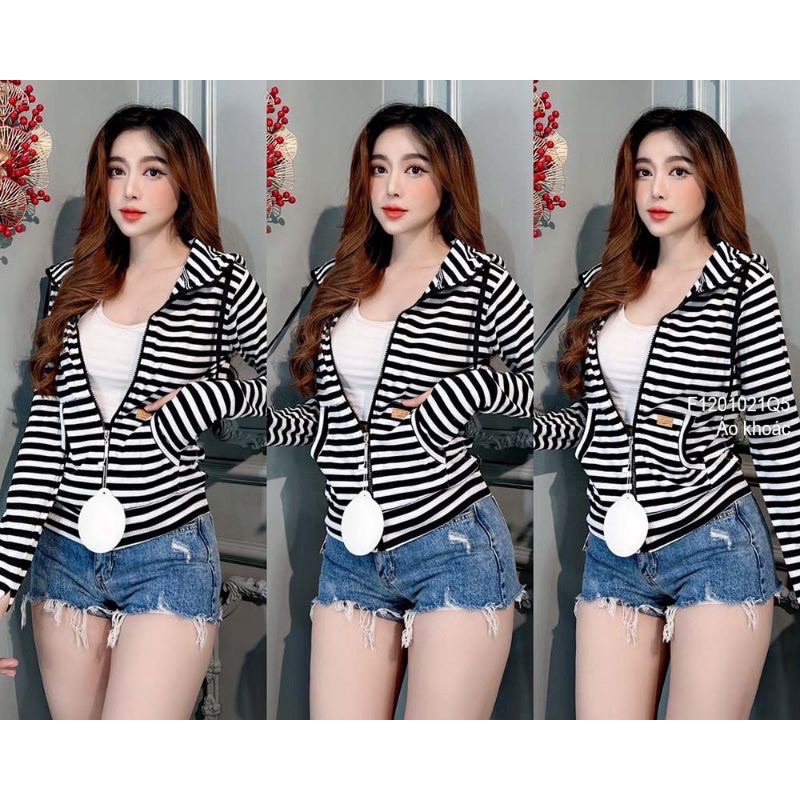 Áo Khoác Nữ Sọc Chất Liệu Thun Gân Tay Xỏ Ngón (6 Túi) Freesize