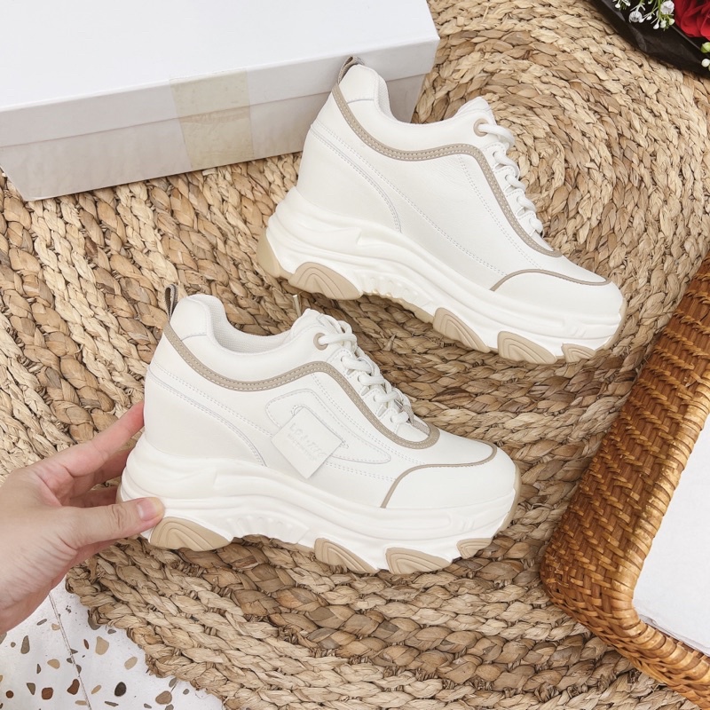 Giày thể thao nâng đế trắng viền nâu độn cao cấp nữ fullbox