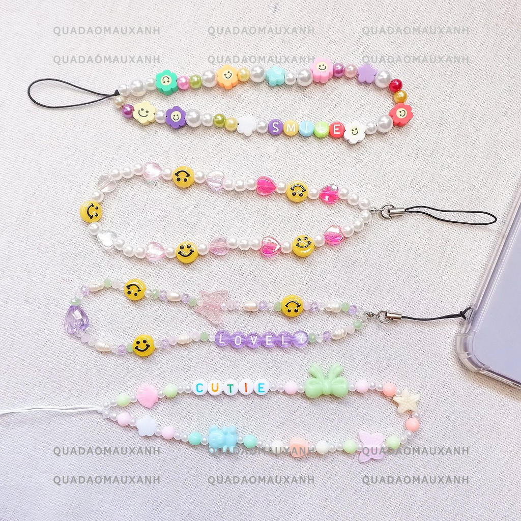 VER-4 Móc khóa dây dài treo điện thoại, Phone Strap đeo cổ tay hạt pastel màu nhạt &amp; hoa mặt cười thay tên theo yêu cầu