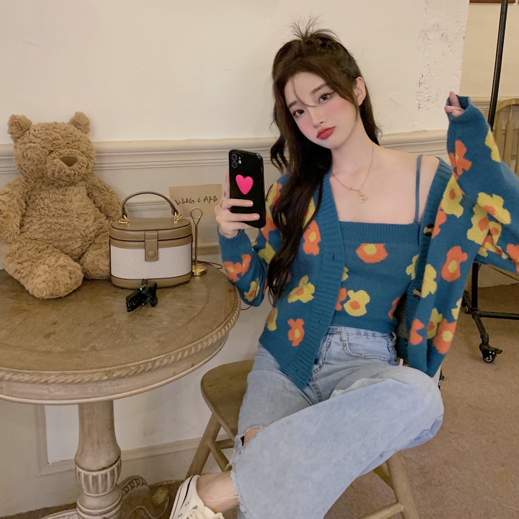 Porozi  Áo cardigan ngắn tay dài/ áo hai dây  dệt kim phong cách Hàn Quốc cho nữ