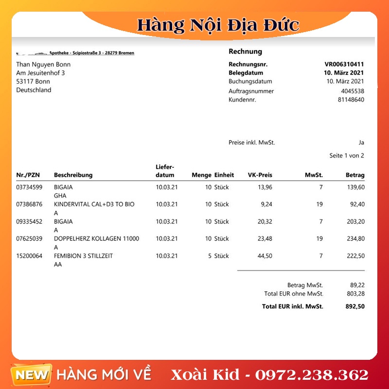 [auth] Collagen Thủy Phân Doppelherz Kollagen 11000 Plus Đức 30 x 25 ml -Date mới nhất Nội địa Đức Đủ Bill [Hot]