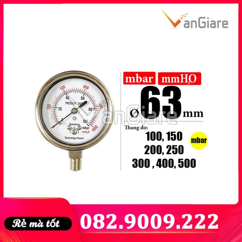 Đồng hồ đo áp suất thấp mbar, dùng cho khí, gas, chân đứng, Badotherm