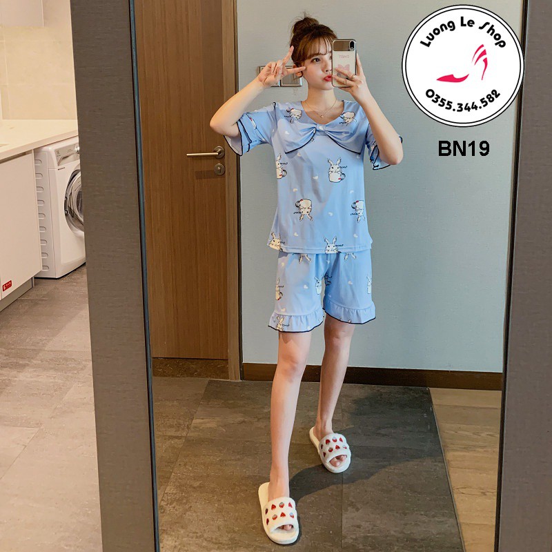 Bộ ngủ pijama quần lửng đùi áo ngắn tay chất 100% cotton cổ may kiểu nơ nhiều hình màu ms BN19 hàng siêu đẹp vợt saleeee