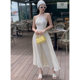 Đầm maxi xốp lỗ trắng hở lưng đi biển Kèm ảnh thật