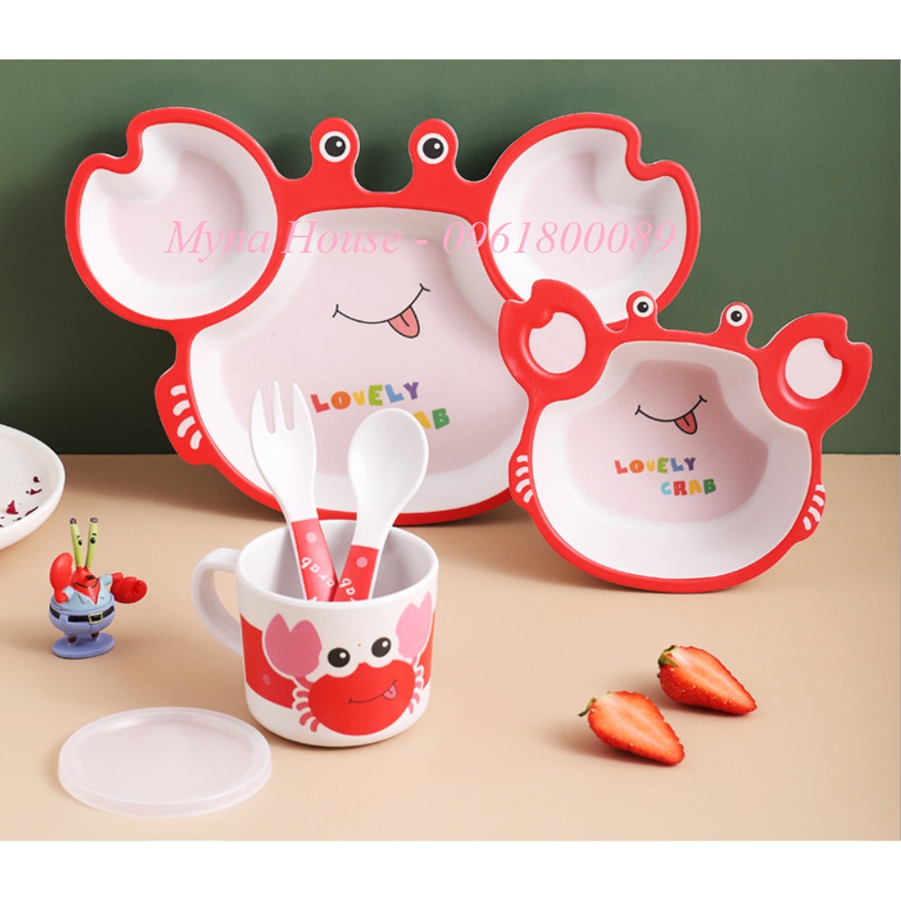 Set 5 món Khay, Bát, Cốc, Thìa, Dĩa ăn dặm hữu cơ tự nhiên Bamboo Fiber