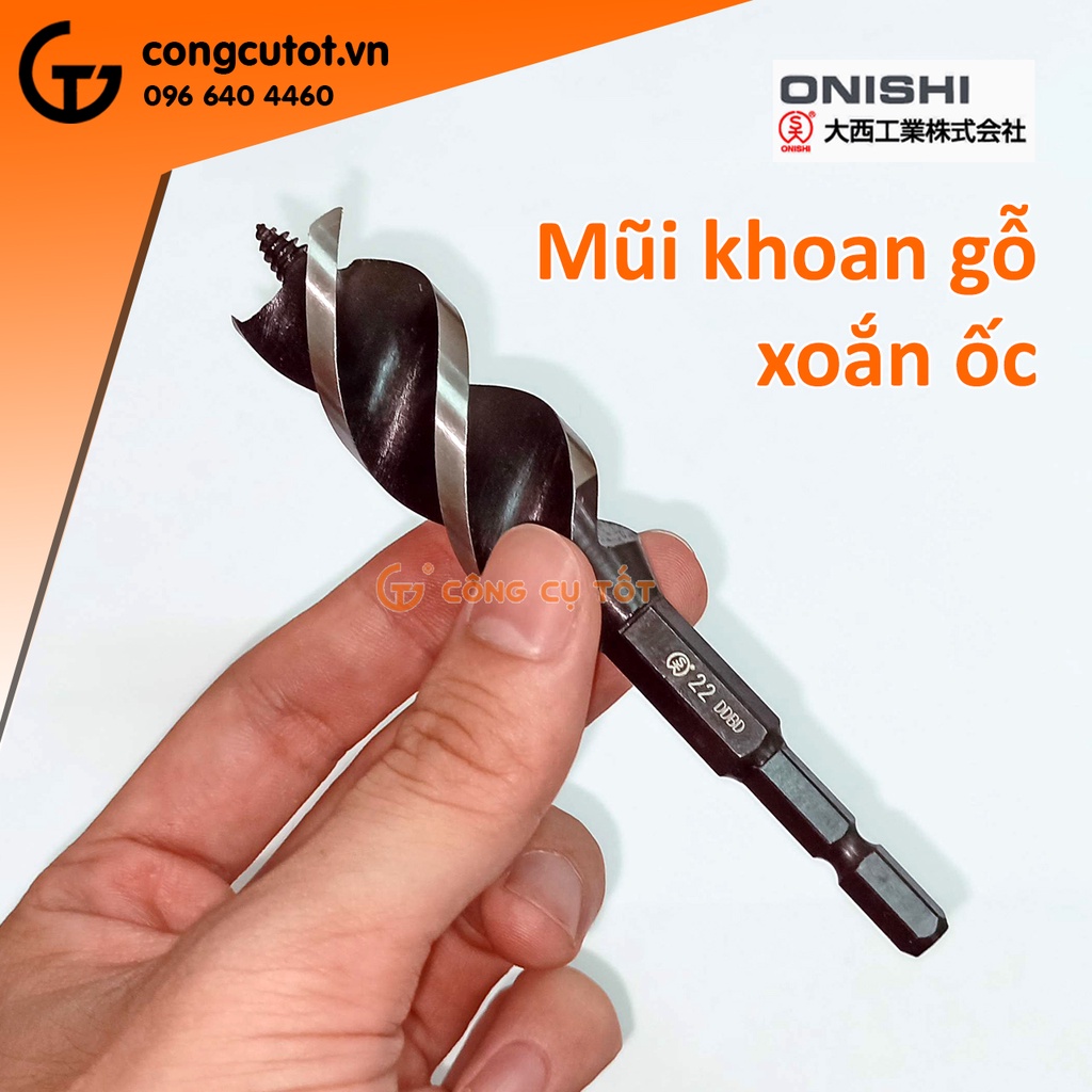 Mũi khoan gỗ xoắn ốc mũi vít 3 cạnh cắt Onishi chuôi lục 6 ly Ø22 x 120 x 70mm