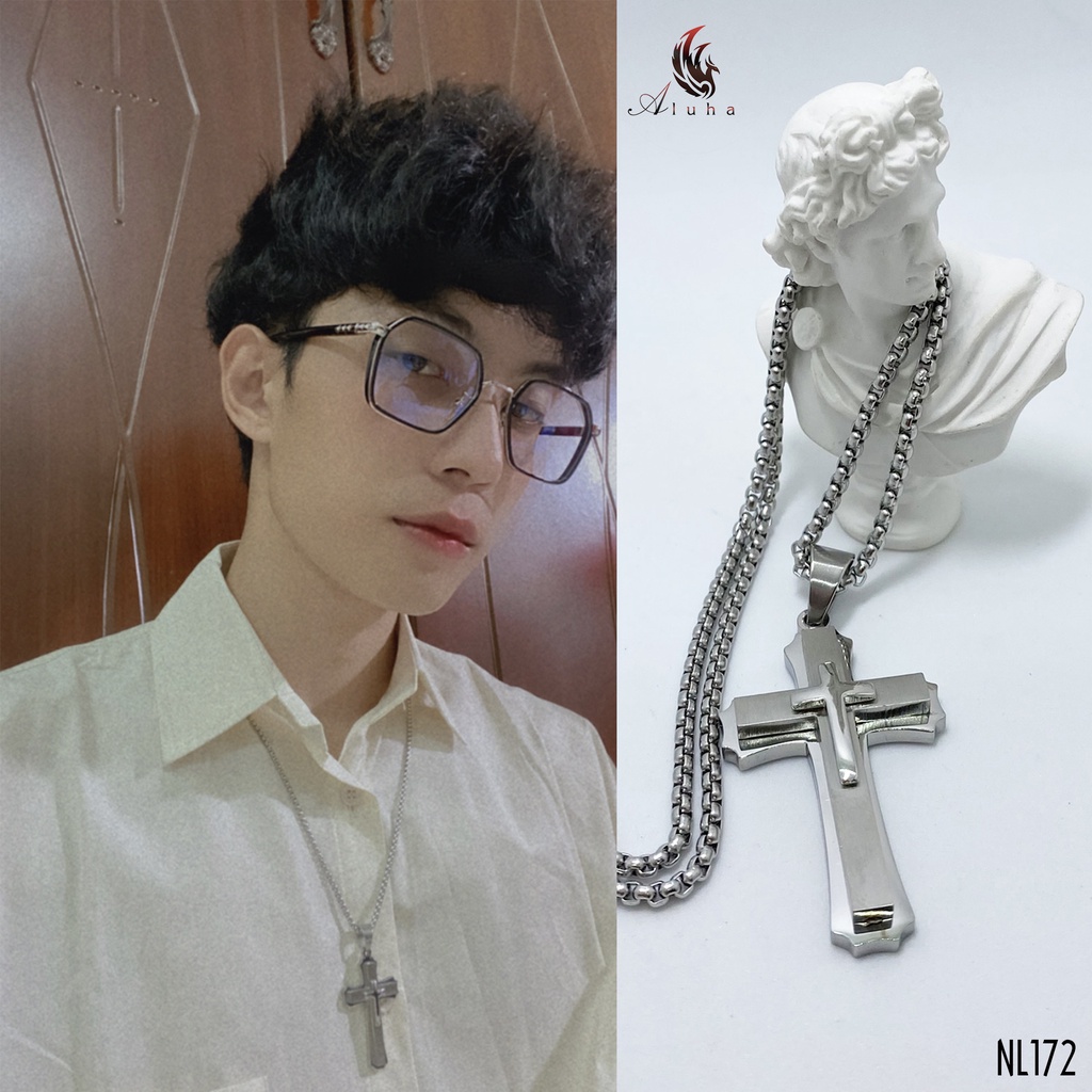 Dây chuyền Titan không rỉ Thánh giá ba lớp, lớp giữa phay xước kiểu dáng hiện đại dễ phối đồ - NL172 - Aluha