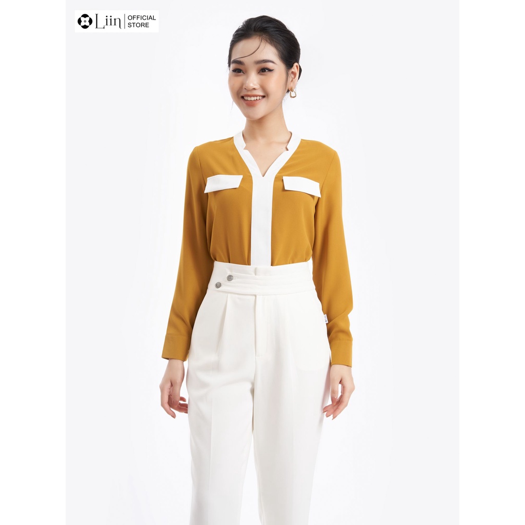 Áo sơ mi Linbi dài tay chất đũi vàng phối trắng kiểu dáng trẻ trung, thanh lịch liin clothing SM3926