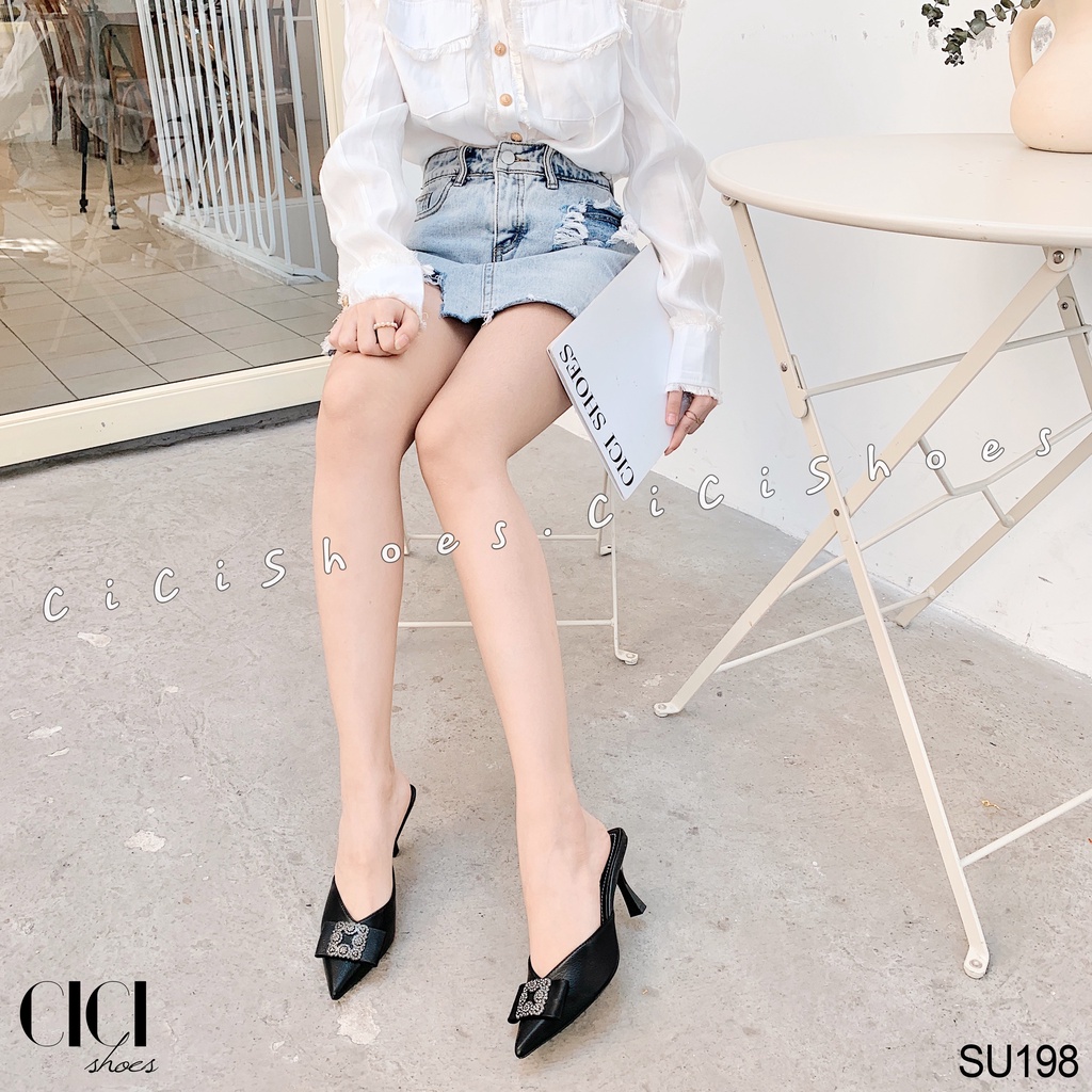 Giày cao gót nữ CiCi Shoes gót nhọn 7cm, dép sục mũi nhọn nơ ngang đính đá - SU198