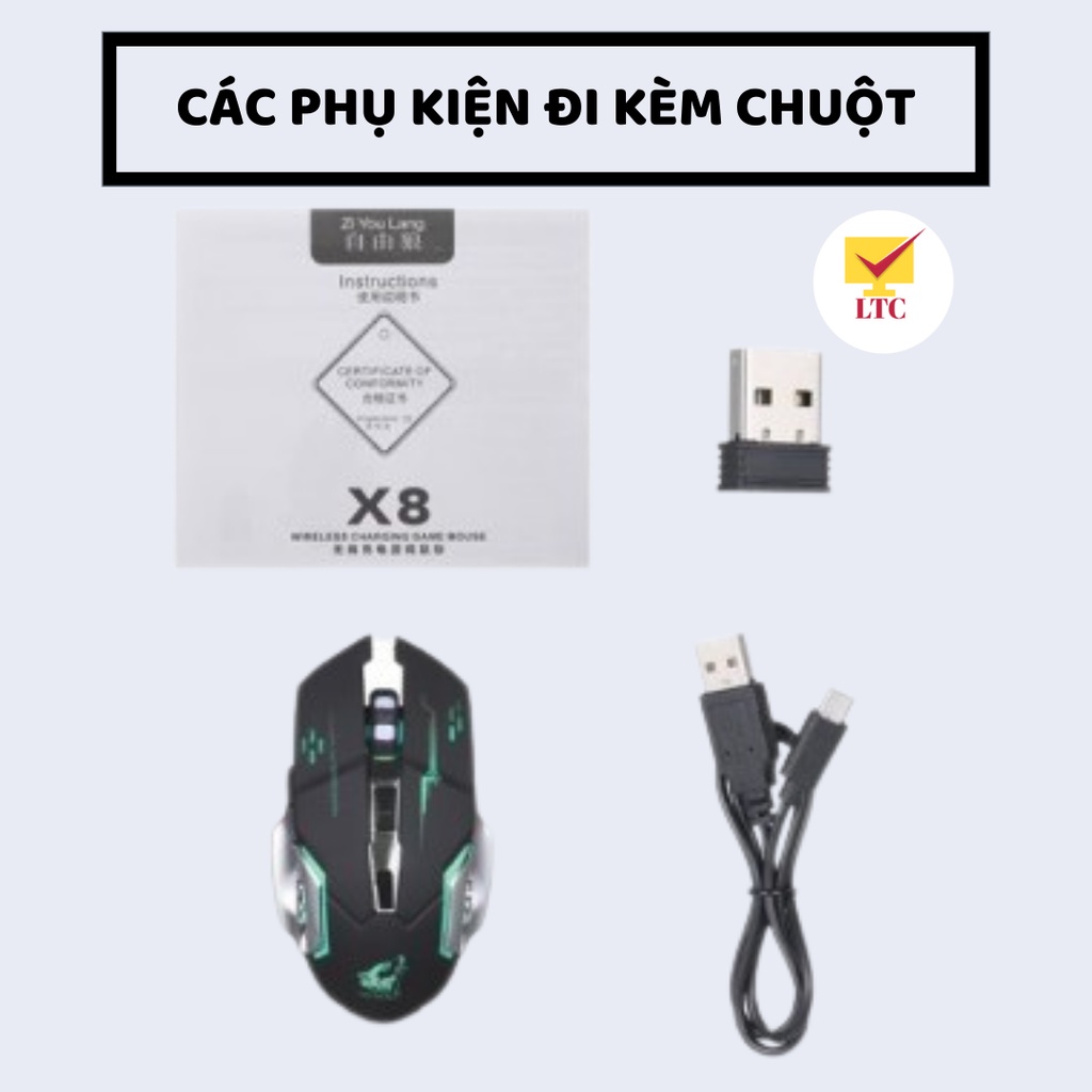 Chuột không dây gaming máy tính có đèn LED đổi màu, pin sạc cực trâu, tương thích pc, laptop chơi game cực đã - LTC