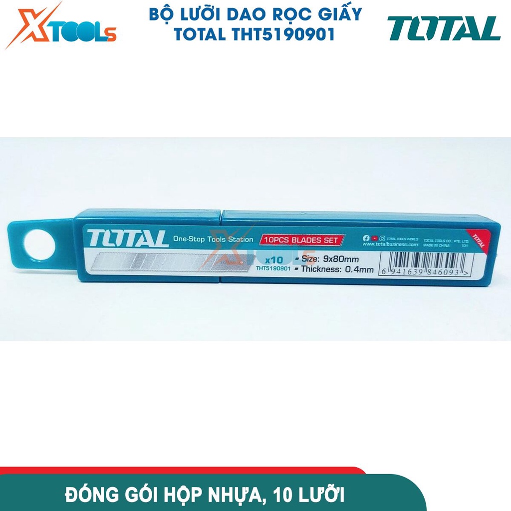 Bộ 10 lưỡi dao TOTAL THT5190901, kích thước lưỡi dao 9x80mm, phù hợp với dao rọc giấy THT5110906