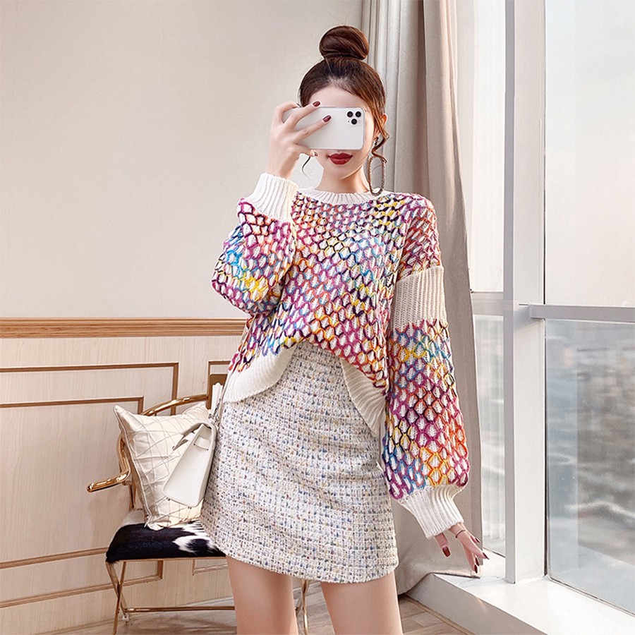 Combo áo len dệt kim cầu vòng phối hợp chân váy vải Tweed cho mùa thu đông DL0220