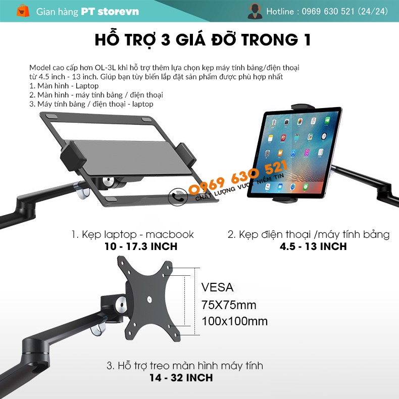 Giá Treo Màn Hình 17-32Inch-Hợp Kim Nhôm Cao Cấp / Laptop 11 -17.3Inch / Tablet &amp; Điện Thoại 4.5 - 13Inch - Model OL-3T