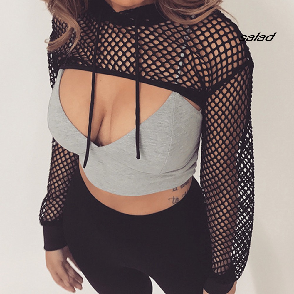 Áo hoodie kiểu lưới phối dây rút quyến rũ thời trang cho nữ