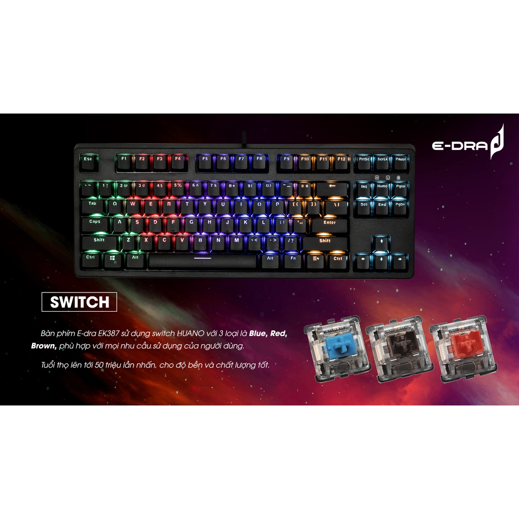 Bàn phím cơ E-DRA EK387L Rainbow Huano Switch - Hàng chính hãng