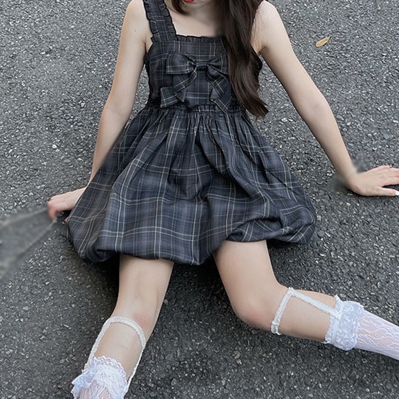 Đầm Mini Không Tay Phối Nơ Họa Tiết Sọc Caro Phong Cách Hàn Quốc Thời Trang Mùa Hè