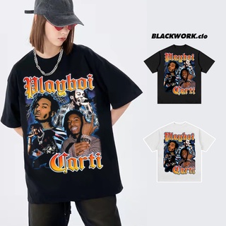 Áo thun vintage playpoi carti mẫu 2 tay lỡ unisex - đen/trắng cổ tròn | blackwork