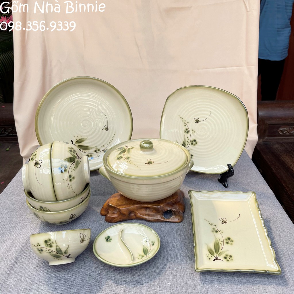 Bộ Bát Đĩa sứ Bát Tràng cho cặp đôi - Quà tặng đám cưới, tân gia - Hoạ tiết chuồn chuồn