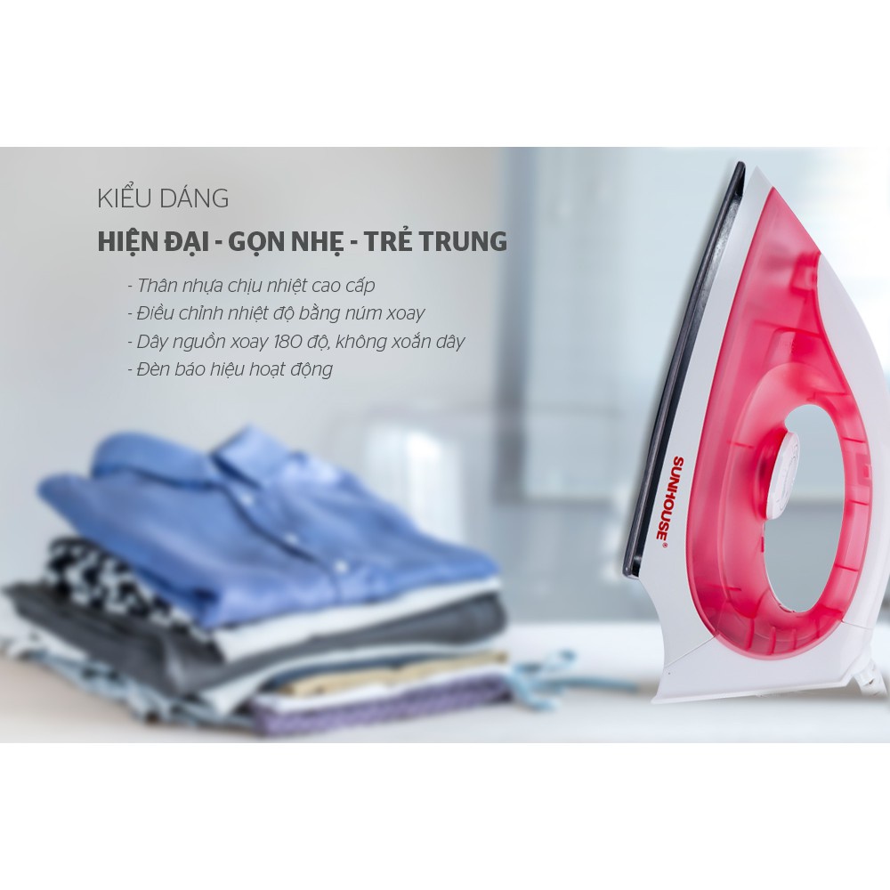 Bàn ủi khô chống dính Sunhouse SHD1072 hồng công suất 1100W bảo hành chính hãng 12 tháng