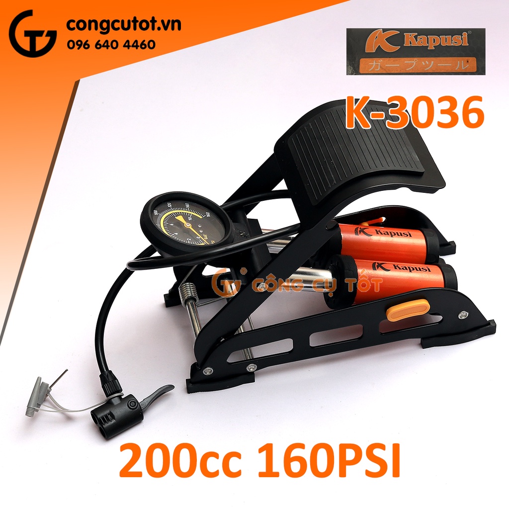 Bơm xe đạp chân 2 pitong 200cc áp 160psi 11.4 cân hơi KAPUSI K-3036
