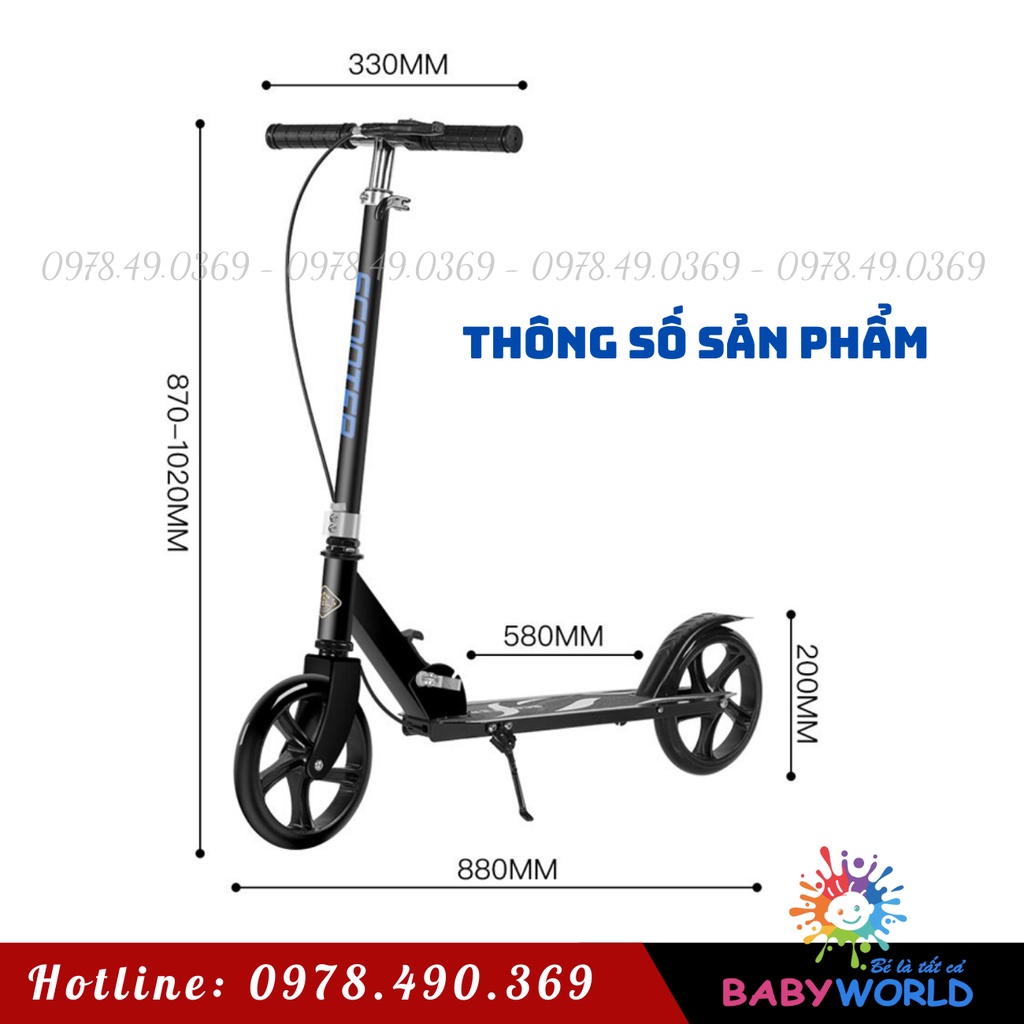 Xe trượt scooter cỡ lớn, có phanh tay, chân chống chịu tải đến 150kg cho thiếu niên và người lớn