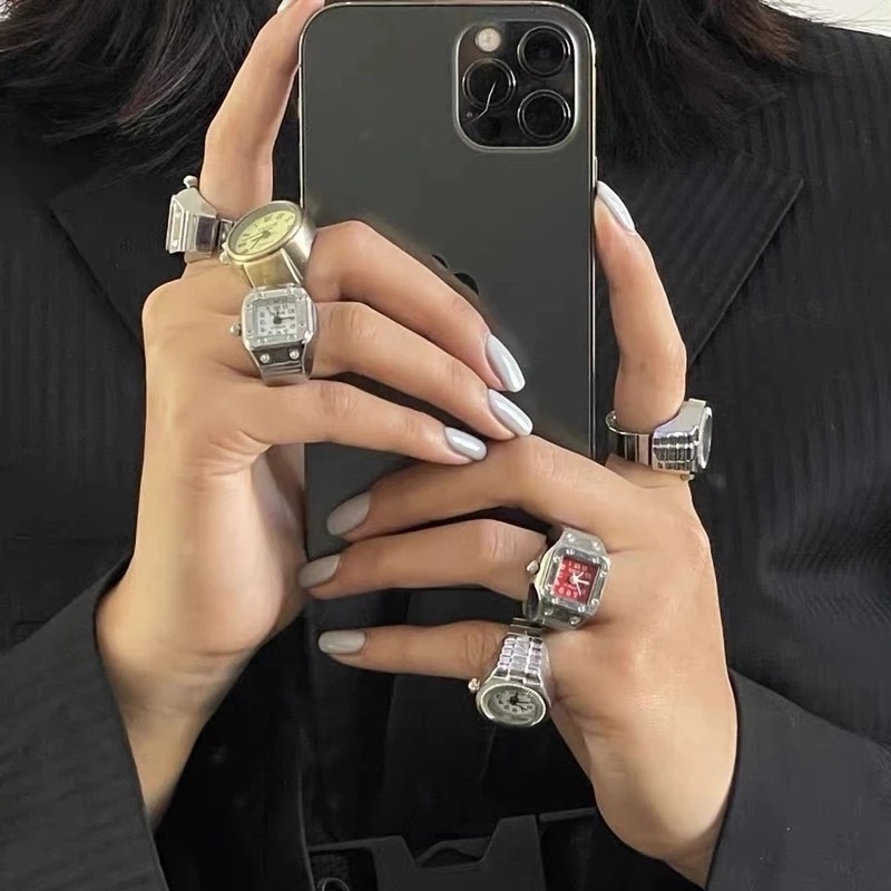 Nhẫn Hình Đồng Hồ Kim Loại Phong Cách Vintage Cá Tính