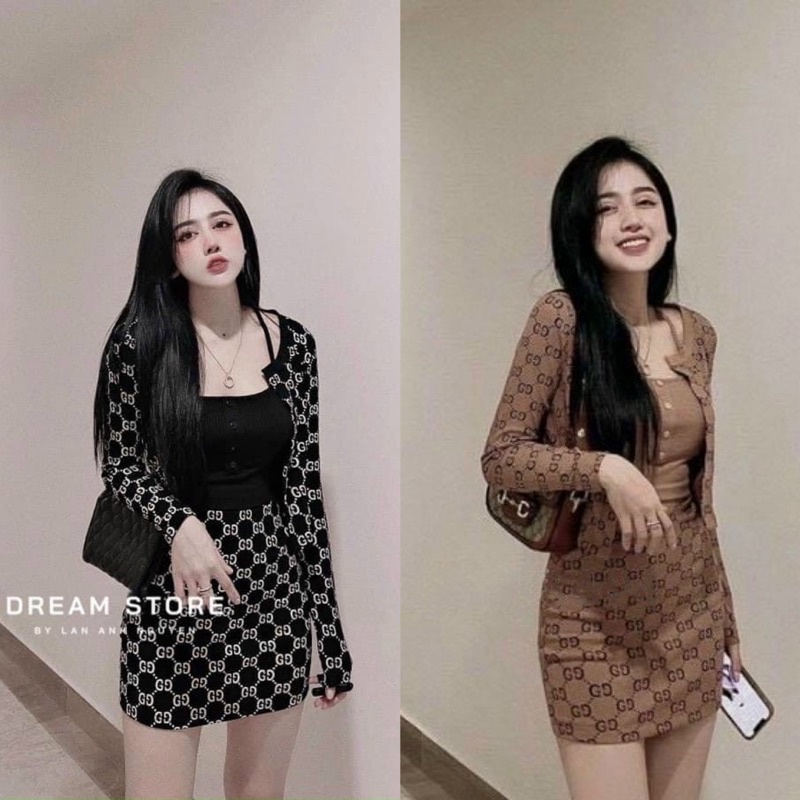Sét váy nữ áo 2 dây phối nút kèm áo khoác ngoài tay dài in họa tiết logo mix chân váy ôm body tôn dáng, nàng dạo phố