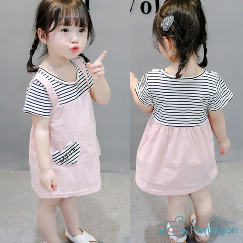 Đầm Ngắn Tay Giả Hai Lớp Họa Tiết Sọc Dễ Thương Thời Trang Mùa Hè Cho Bé Gái