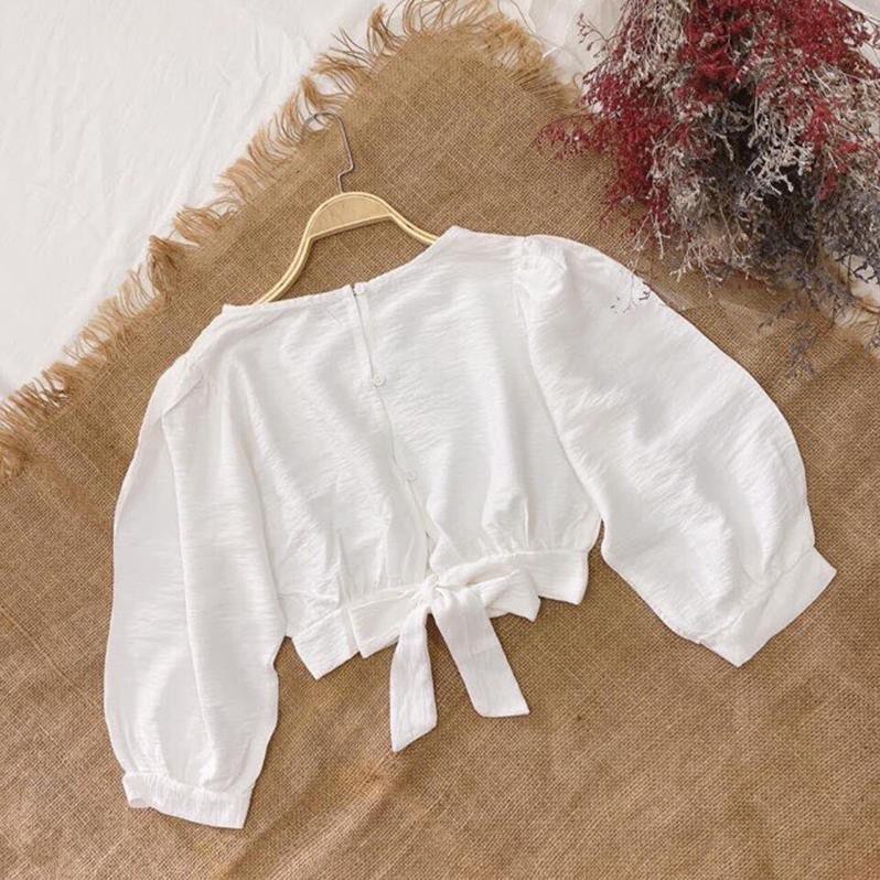 Set đồ nữ nguyên bộ🏆FREESHIP️🏆 áo tay bồng trắng nơ sau, quần ống suông cực đẹp, lên dáng chuẩn, nữ tính - L019 !