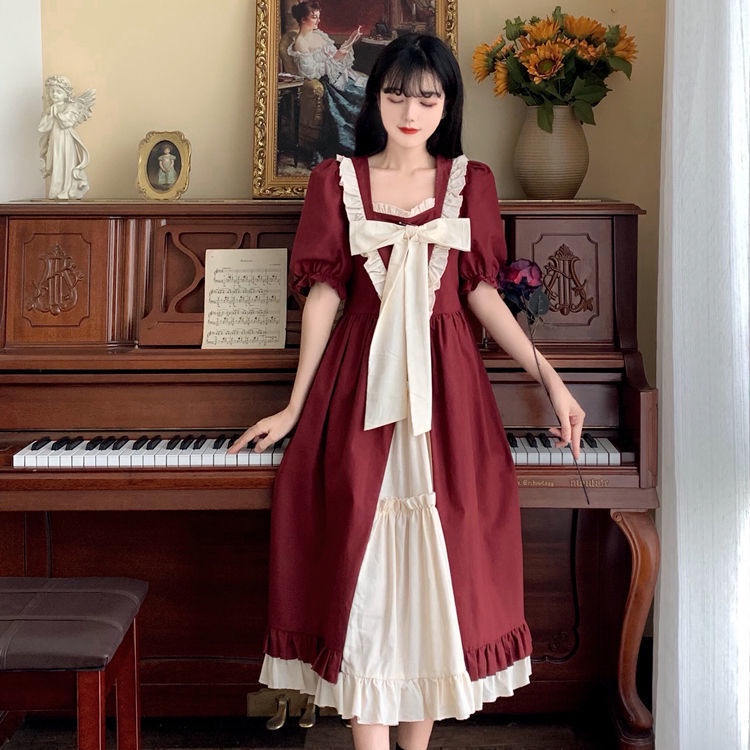 Váy Lolita Ngắn Tay Nơ Màu Đỏ A-Line Phong Cách Đại Học Ngọt Ngào