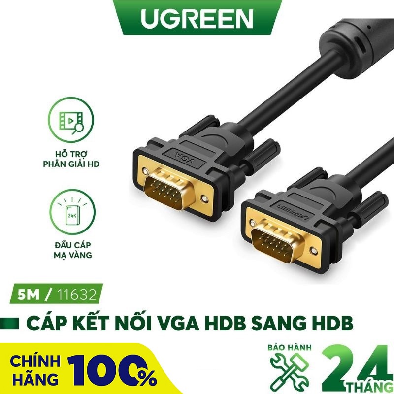 Dây VGA HDB 15 hai đầu đực Ugreen VG101 dài 1m đến 12m dùng cho màn hình, máy chiếu - Hàng Chính Hãng