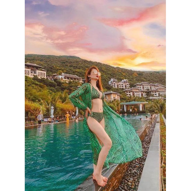 Bikini Đồ Bơi Nữ 2 Mảnh Áo Choàng Khoác Ngoà Họa Tiết Vằn Xanh Quyến Rũ Độc Lạ R33 | BigBuy360 - bigbuy360.vn