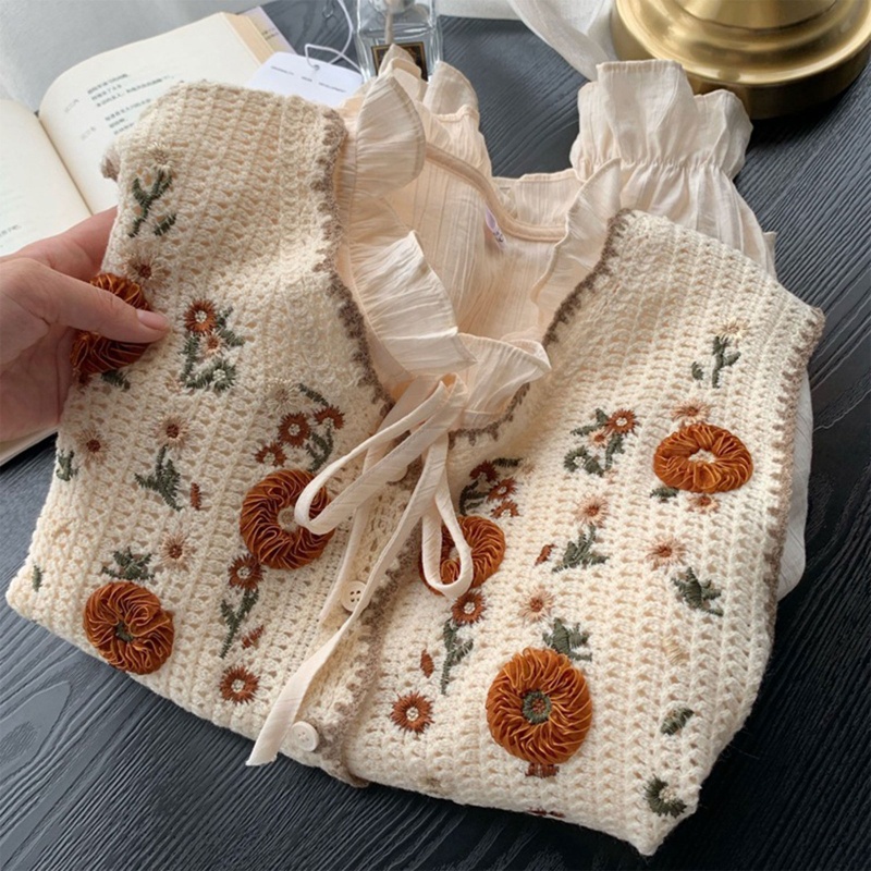 Áo Khoác Cardigan Dệt Kim Không Tay Cổ Chữ V Cài Nút Thêu Họa Tiết Hoa Lá Thời Trang Mùa Xuân Cho Nữ