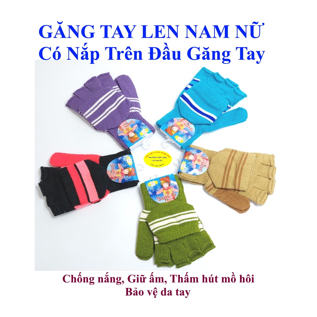Găng tay len Bao tay len Nữ Hở 5 ngón Có nắp Sọc ngang Nhãn SUN-G Len Acrylic Chống nắng Giữ ấm Bảo vệ da tay Sx tại VN