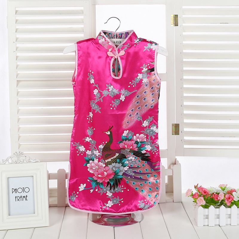 Đầm Sườn Xám Không Tay In Hình Chim Công Thời Trang Dành Cho Bé Gái