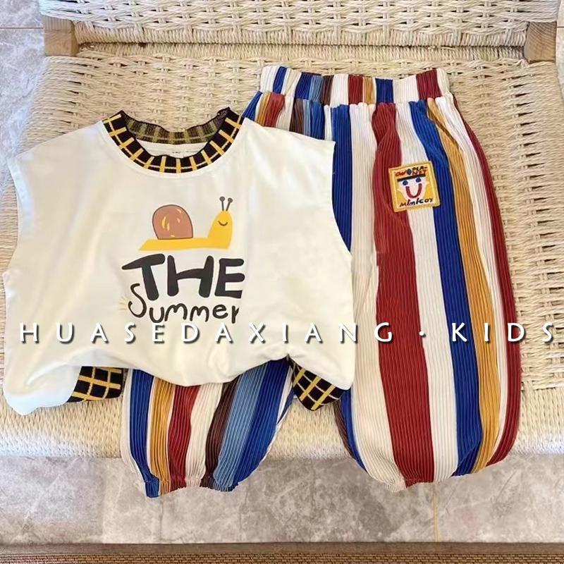 Set Đồ Mùa Hè 2 Món Gồm Áo Sát Nách Và Quần Dài Kẻ Sọc Phong Cách Nhật Hàn Hợp Thời Trang Cho Bé Trai / Bé Gái